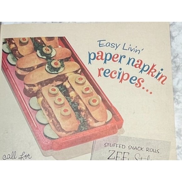 Zee Napkins Vintage Print Ad 1950s Crown Zellerbach Stuffed Snack Rolls Recipe - Picture 6 of 7